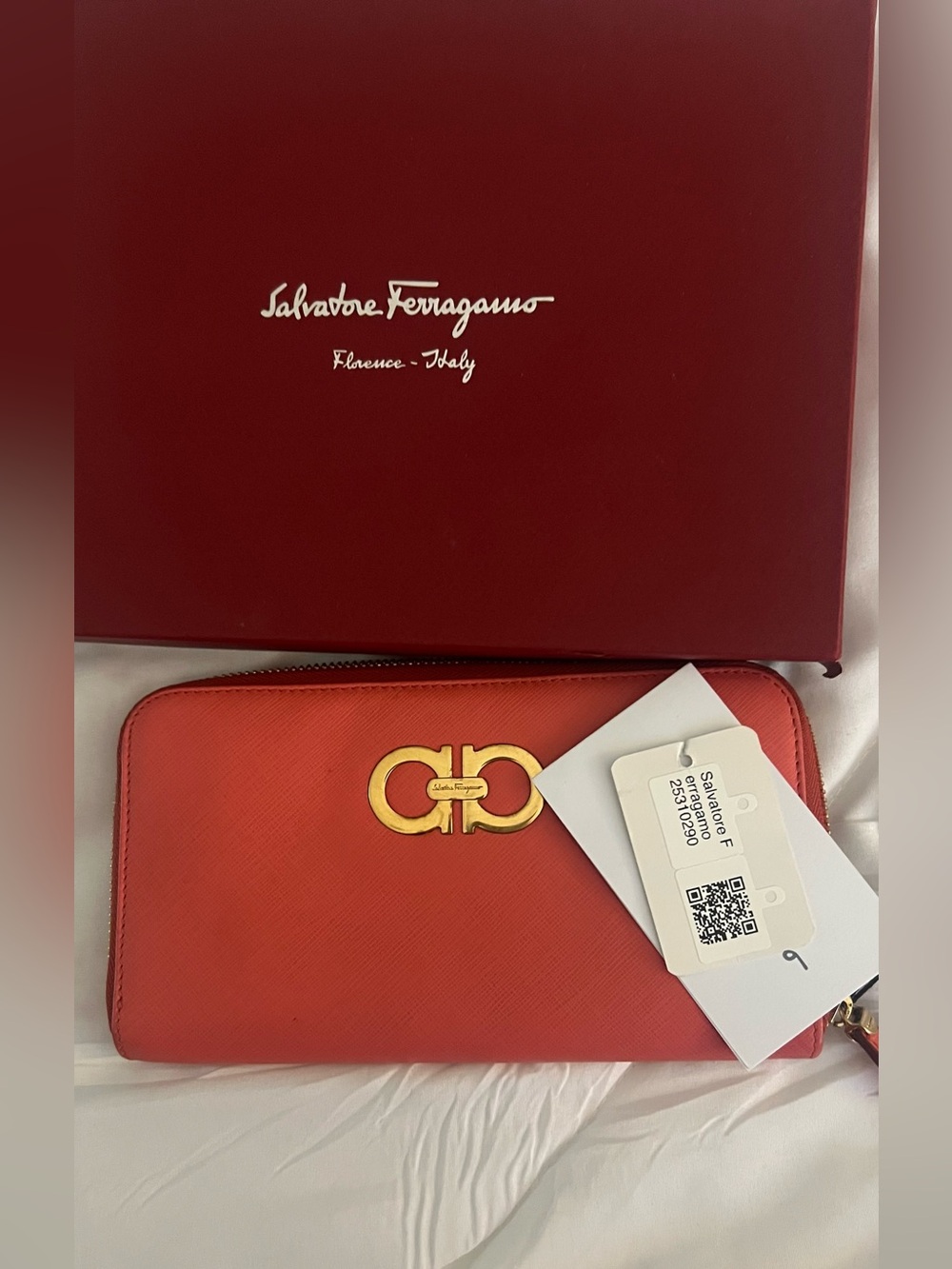 Salvatore Ferragamo Coral-Red Zip Wallet with Gold Gancini